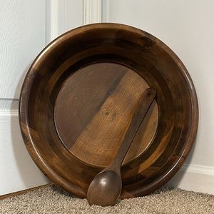Vintage Large Solid Wood Salad Bowl With Serving Spoon
